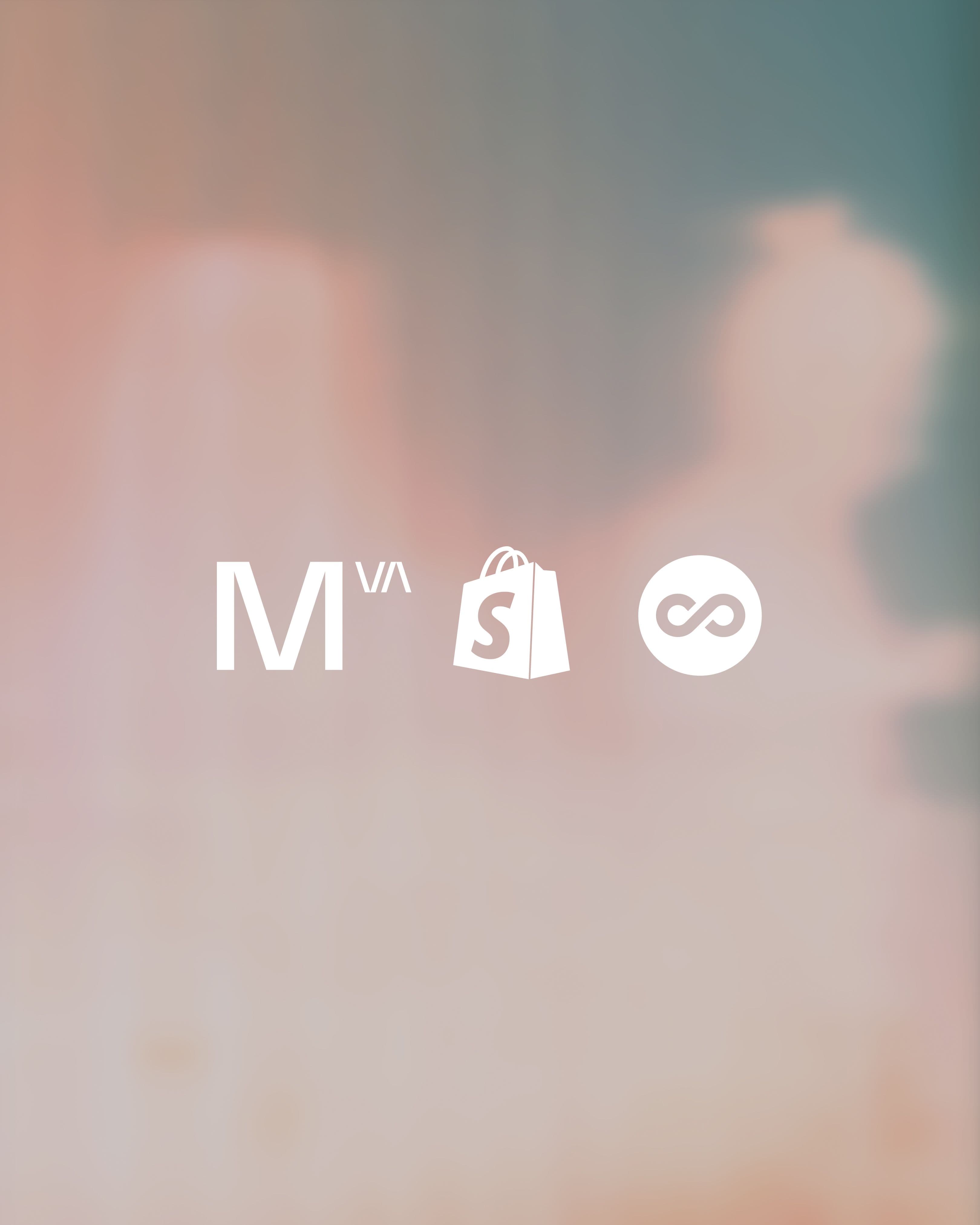 Three white logos: stylized MVA, Shopify, and an infinity symbol in a circle, on a blurred pink and blue background.